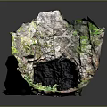 Garden Ornament Featuring Rocky Structure Covered in Moss with Small Cave Opening and Green Plants