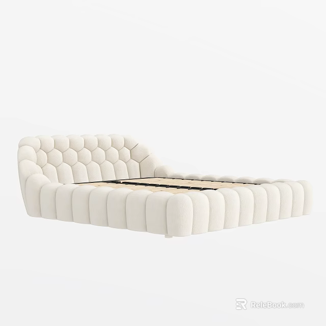Elegant Cream White Double Bed With Tufted Headboard And Modern Upholstered Design 3d model 