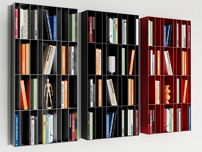 Modern Shelving Units with Multiple Colors Holding Books and Decorative Items in Room 3d model