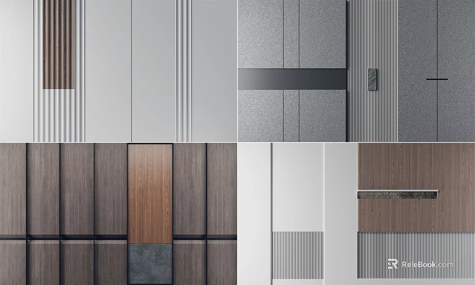 Modern Various Background Wall Panels Featuring Wooden Gray White Striped Textured Designs 3d model 
