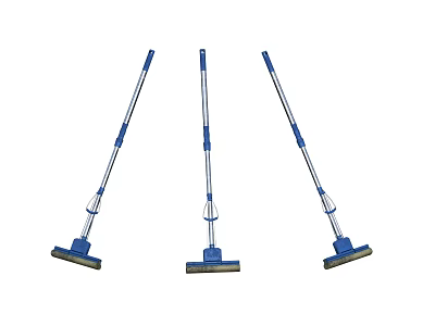 Three Blue Household Mops With Long Handles And Flat Cleaning Heads 3d model