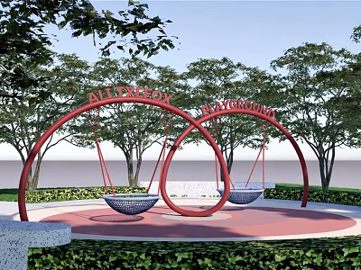Red Arch Swing Playground Equipment With Two Seats And Green Trees In Park 3d model