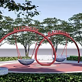 Red Arch Swing Playground Equipment With Two Seats And Green Trees In Park