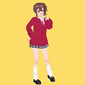 Young Woman In Red Cardigan With Ponytail Hairstyle Against Yellow Background