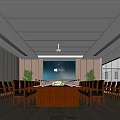 Modern Conference Room with Large Wooden Table Projection Screen Ergonomic Chairs and Green Plants