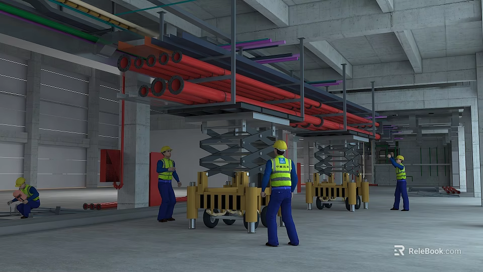 Industrial Building Interior With Red Pipes Scissor Lifts And Concrete Structure 3d model 