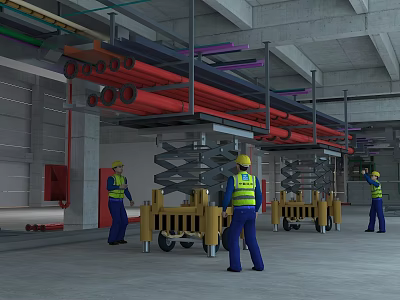 Industrial Building Interior With Red Pipes Scissor Lifts And Concrete Structure 3d model