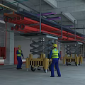 Industrial Building Interior With Red Pipes Scissor Lifts And Concrete Structure
