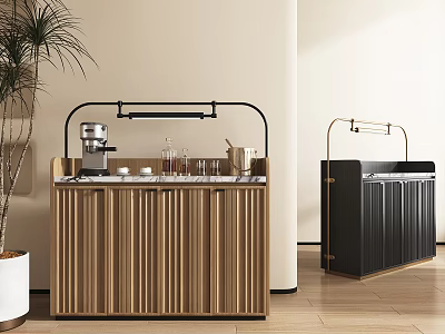 Wooden And Black Wine Cabinet Interior With Vertical Stripes Coffee Machine Glasses And Plant 3d model