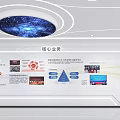 Innovative Modern Exhibition Hall With Red Banner Circular Floor And Dynamic Elements 3d model