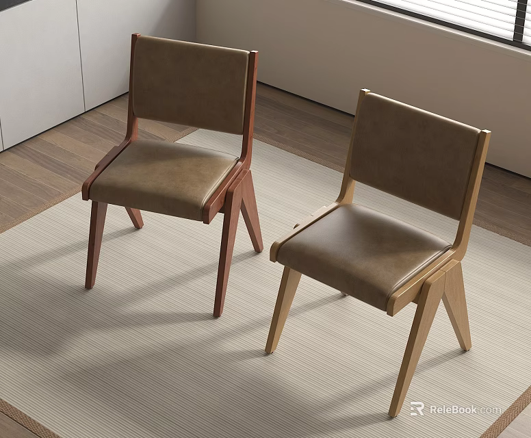 Modern Dining Chairs With Wooden Frames And Leather Seats On Light Rug 3d model 