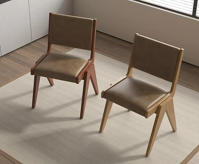 Modern Dining Chairs With Wooden Frames And Leather Seats On Light Rug 3d model