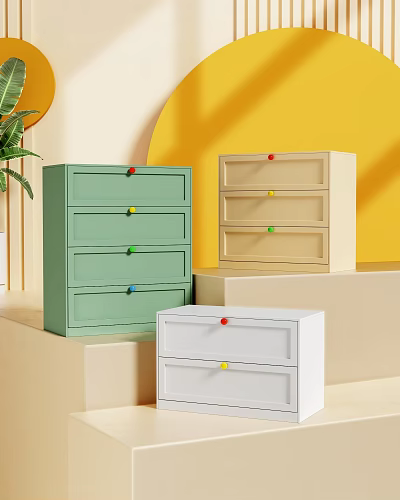 Green Beige And White Dressers With Colorful Knobs And Multiple Drawers For Modern Interior Decor 3d model