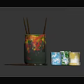 Colorful Paintbrushes Stored in Jar with Open Blue Green Yellow Paint Tubs and Splatters