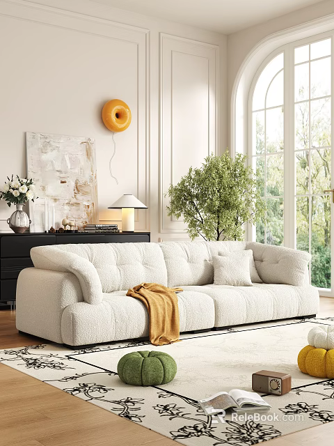 Modern Beige Fabric Sofa Coffee Table Set With Green Plant And Decorative Art 3d model 