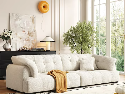 Modern Beige Fabric Sofa Coffee Table Set With Green Plant And Decorative Art 3d model