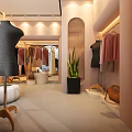 Elegant Clothing Store Display Area With Staircase Mannequin Floor-to-Ceiling Window Sofa Clothing Racks And Shoes