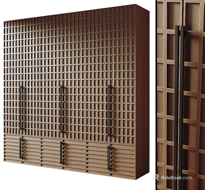 Modern Wooden Wardrobe With Grid Panel Design And Sliding Door Structure 3d model