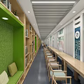 School Library Interior With Bookshelves Wooden Chairs Long Tables Windows And Green Plants