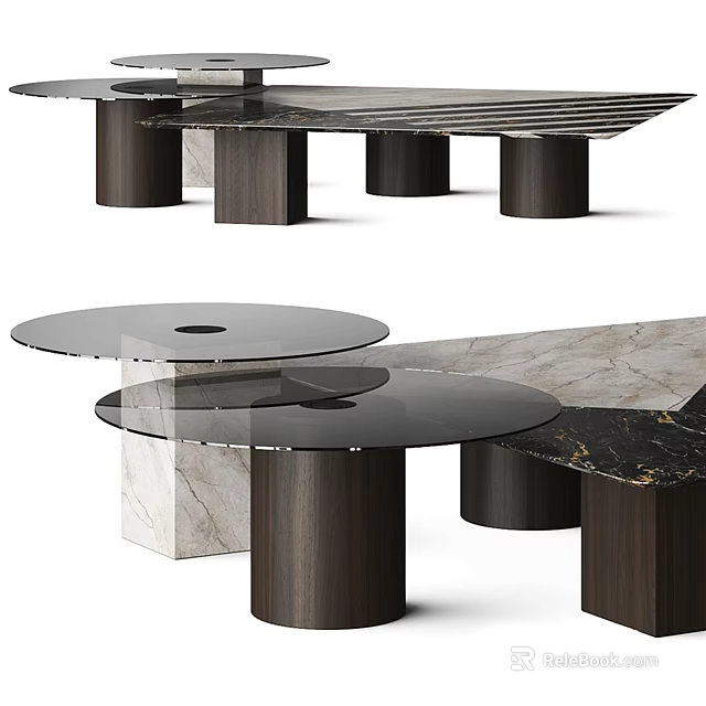 Modern Coffee Tables With Marble Glass And Wooden Cylinder Bases Design 3d model 