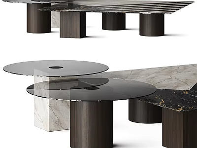 Modern Coffee Tables With Marble Glass And Wooden Cylinder Bases Design 3d model