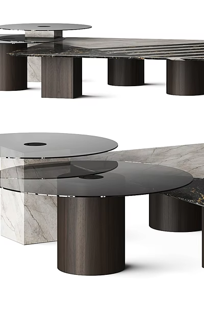 Modern Coffee Tables With Marble Glass And Wooden Cylinder Bases Design 3d model