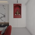 Red And White Buddhist Shrine Cabinet With Buddha Statue Candlesticks In Modern Interior Design