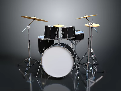 Modern Black Drum Kit with White Drumheads Cymbals and Silver Stands Displayed on Dark Background 3d model