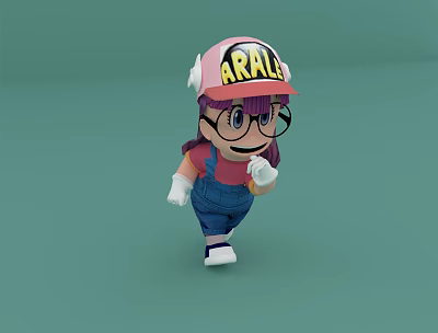 Arale Game Character In Pink Cap With Yellow Letters Purple Hair Glasses And Blue Overalls 3d model