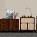 Wooden Rustic Dressers With Decorative Painting Potted Plants And Floor Lamp