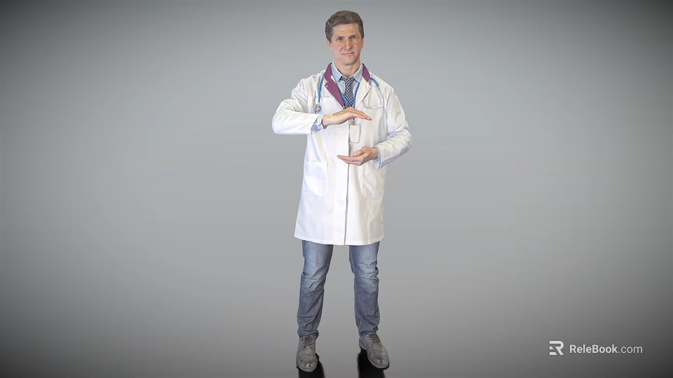 Man In White Doctor Coat With Stethoscope Presenting Medical Information On Gray Background 3d model 