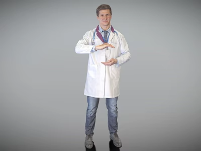 Man In White Doctor Coat With Stethoscope Presenting Medical Information On Gray Background 3d model