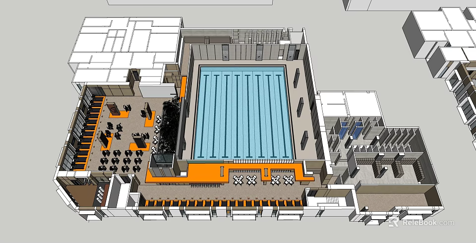 Sports Fitness Center Architectural Layout With Swimming Pool And Seating Areas 3d model 