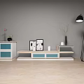 Modern White Wooden TV Stand With Side Cabinet Decorations Vase And Floor Lamp