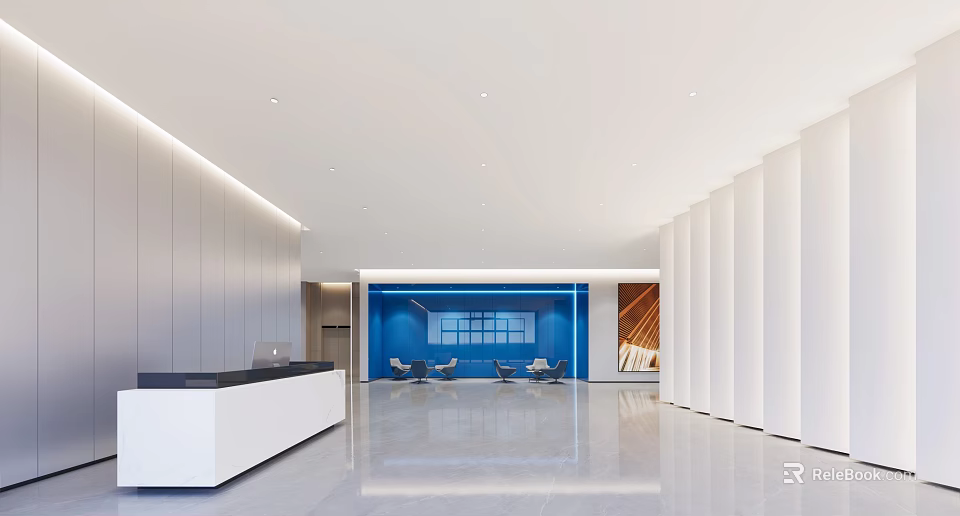 Modern Front Desk Reception Area With White Desk Blue Accent Wall And Waiting Chairs 3d model 