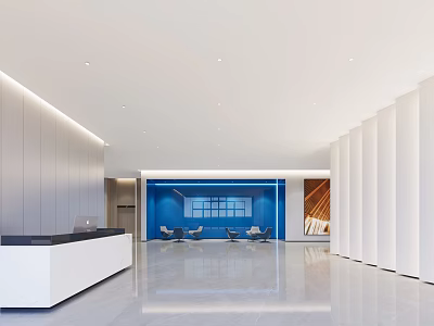 Modern Front Desk Reception Area With White Desk Blue Accent Wall And Waiting Chairs 3d model