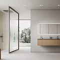 Modern Bathroom Interior Design With Wooden Cabinet And Built-in Mirror Glass Shower Natural Light