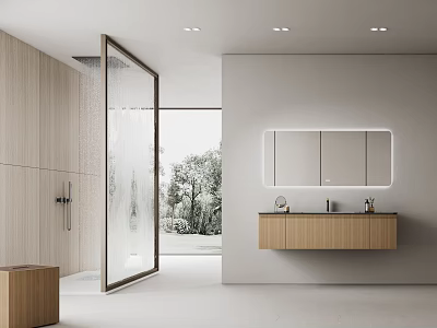 Modern Bathroom Interior Design With Wooden Cabinet And Built-in Mirror Glass Shower Natural Light 3d model