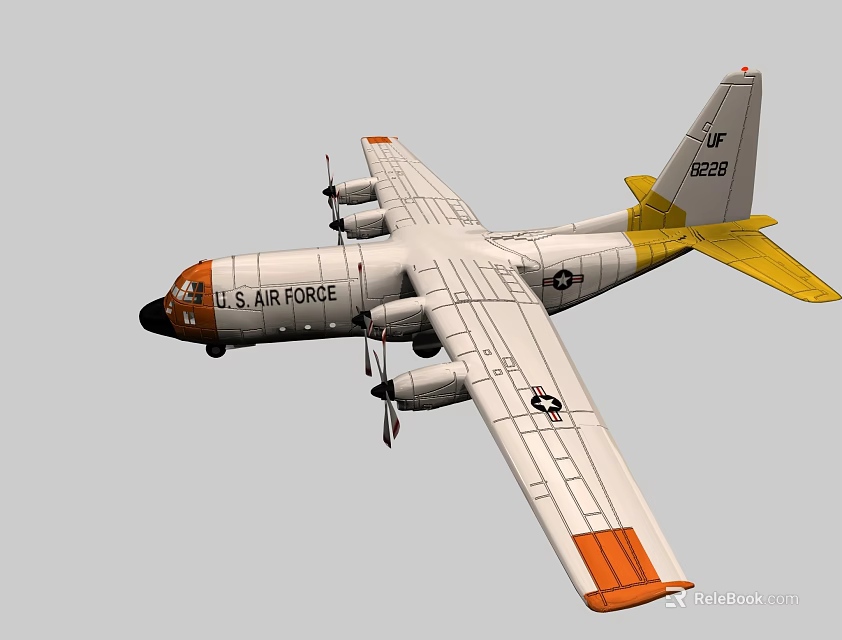 U.S. Air Force Passenger Plane Featuring Four Propellers White Orange And Yellow Tail Design 3d model 