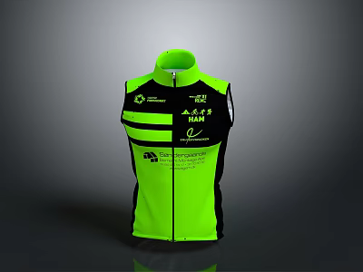 Neon Green And Black Vest Design With Front Zipper Logos And Text Details 3d model