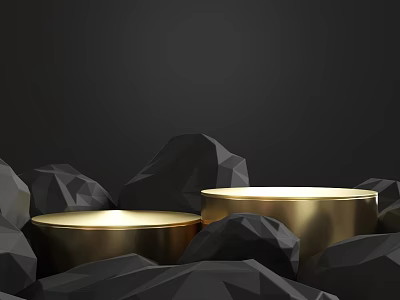 Commercial Display Equipment With Golden Round Bases Black Polyhedral Stones And Lighting 3d model
