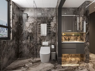 Modern Luxury Full Marble Bathroom With Smart Toilet Glass Shower And Floating Vanity Cabinet 3d model