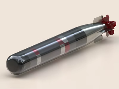 Military Torpedo Weapon with Silver Body Black Red Stripes Rear Propeller and Stabilizing Fins 3d model