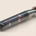 Military Torpedo Weapon with Silver Body Black Red Stripes Rear Propeller and Stabilizing Fins