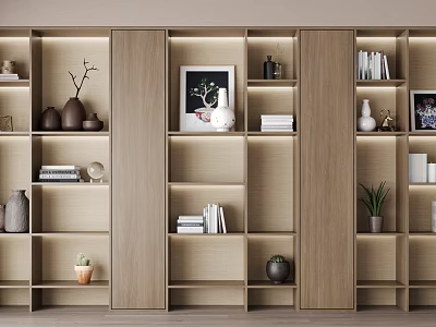 Modern Wooden Bookcase Design With Books Decorative Vases Small Plants And Photo Frames 3d model