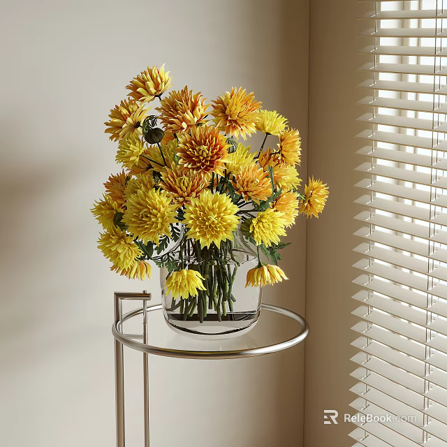 Yellow Flowers in Glass Vase on Metal Round Stand Near Window Blinds 3d model 