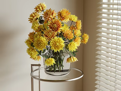 Yellow Flowers in Glass Vase on Metal Round Stand Near Window Blinds 3d model
