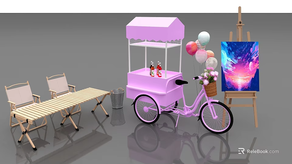Pink Food Cart With Colorful Balloons Flower Bouquet And Easel Painting Near Foldable Chairs 3d model 