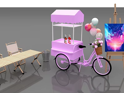 Pink Food Cart With Colorful Balloons Flower Bouquet And Easel Painting Near Foldable Chairs 3d model