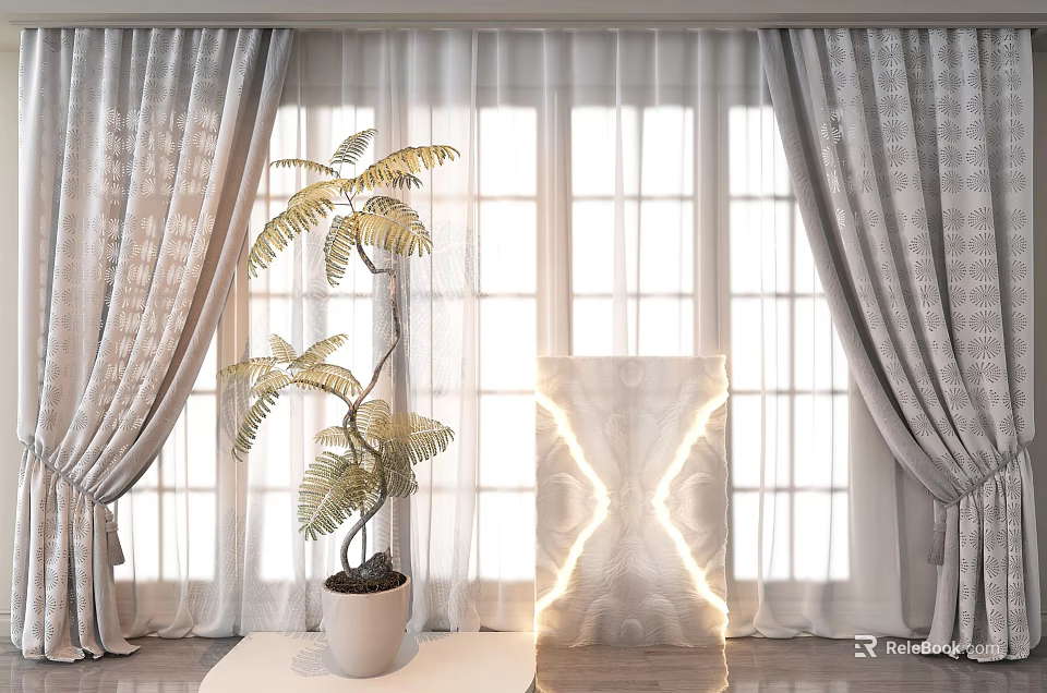 Gray Patterned And White Sheer Curtains By Grid Window With Potted Plant On Wooden Floor 3d model 